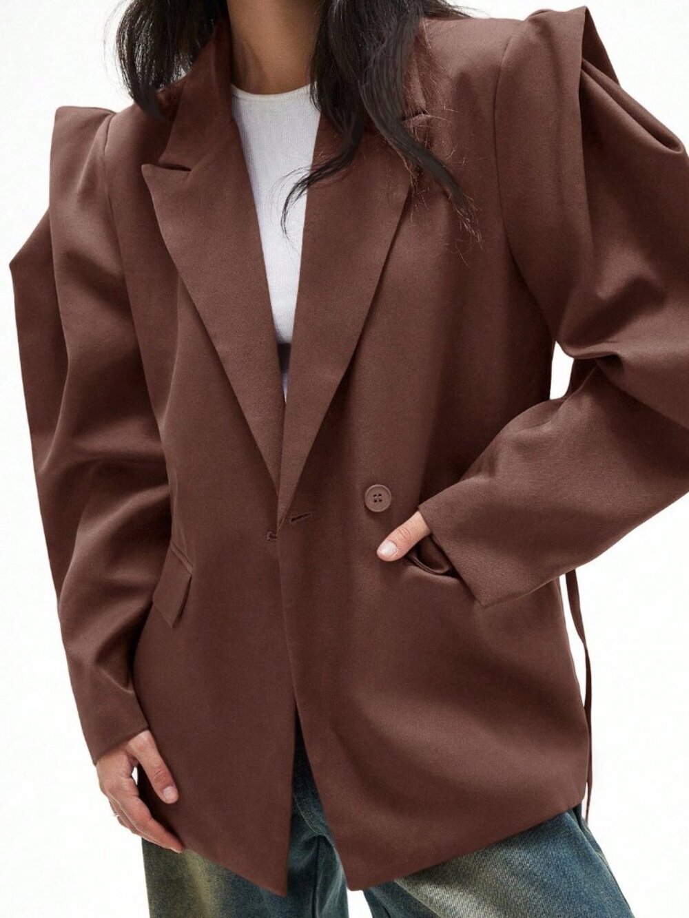 Rusty Rose Elegant Women's Loose Fit Wide Shoulder Drawstring Blazer - Picture 3 of 7
